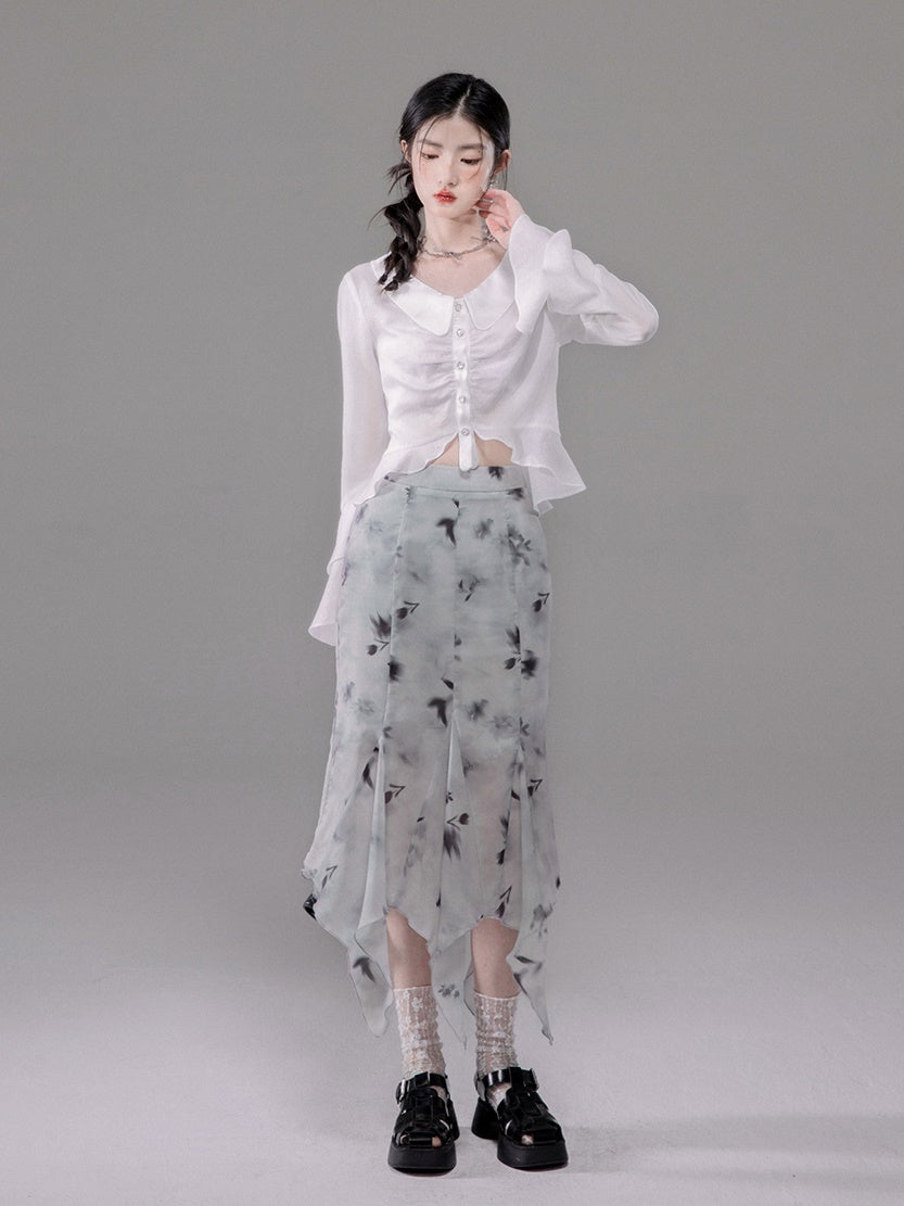 Semi-transparent Chiffon Bell Sleeve Shirt