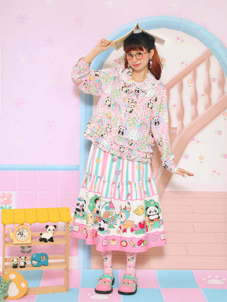 Striped Patchwork Panda Cartoon Printed Skirt