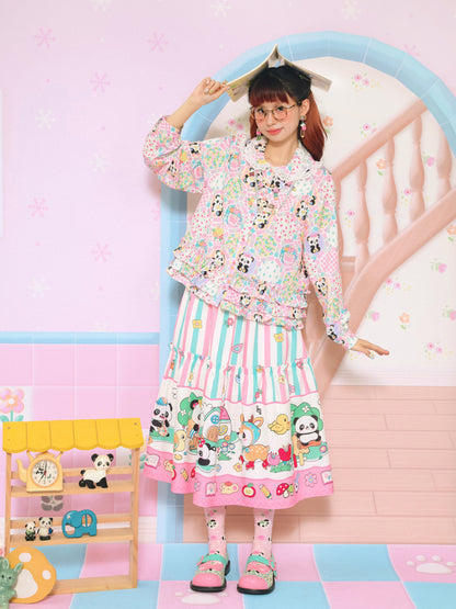 Striped Patchwork Panda Cartoon Printed Skirt