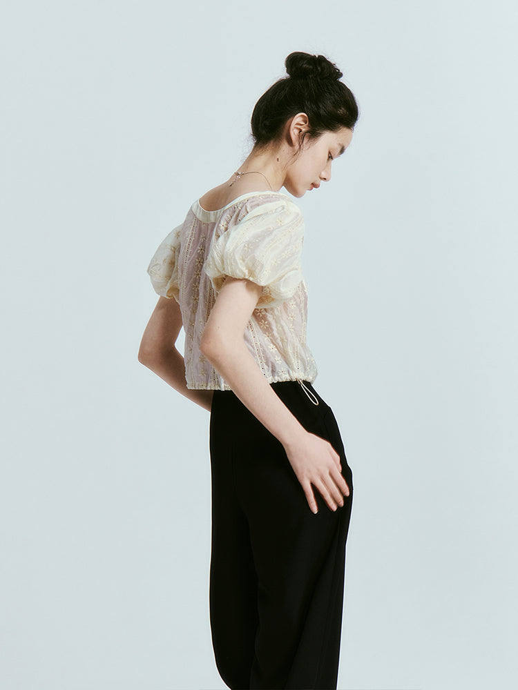 Three-dimensional Embroidery Puff Sleeve Top