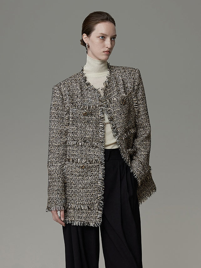 Brushed Design No-Collar Tweed Jacket