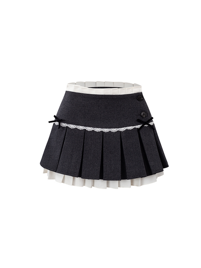 Color-blocked Lace Stitch Pleated Skirt