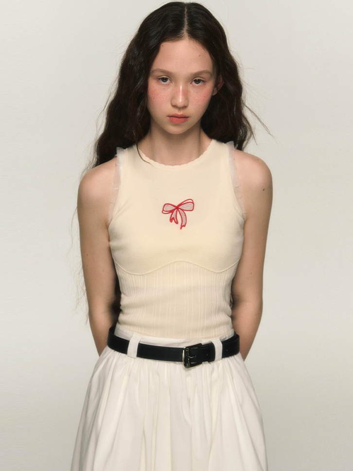 Hollow Bowknot Embroidery Tank Top