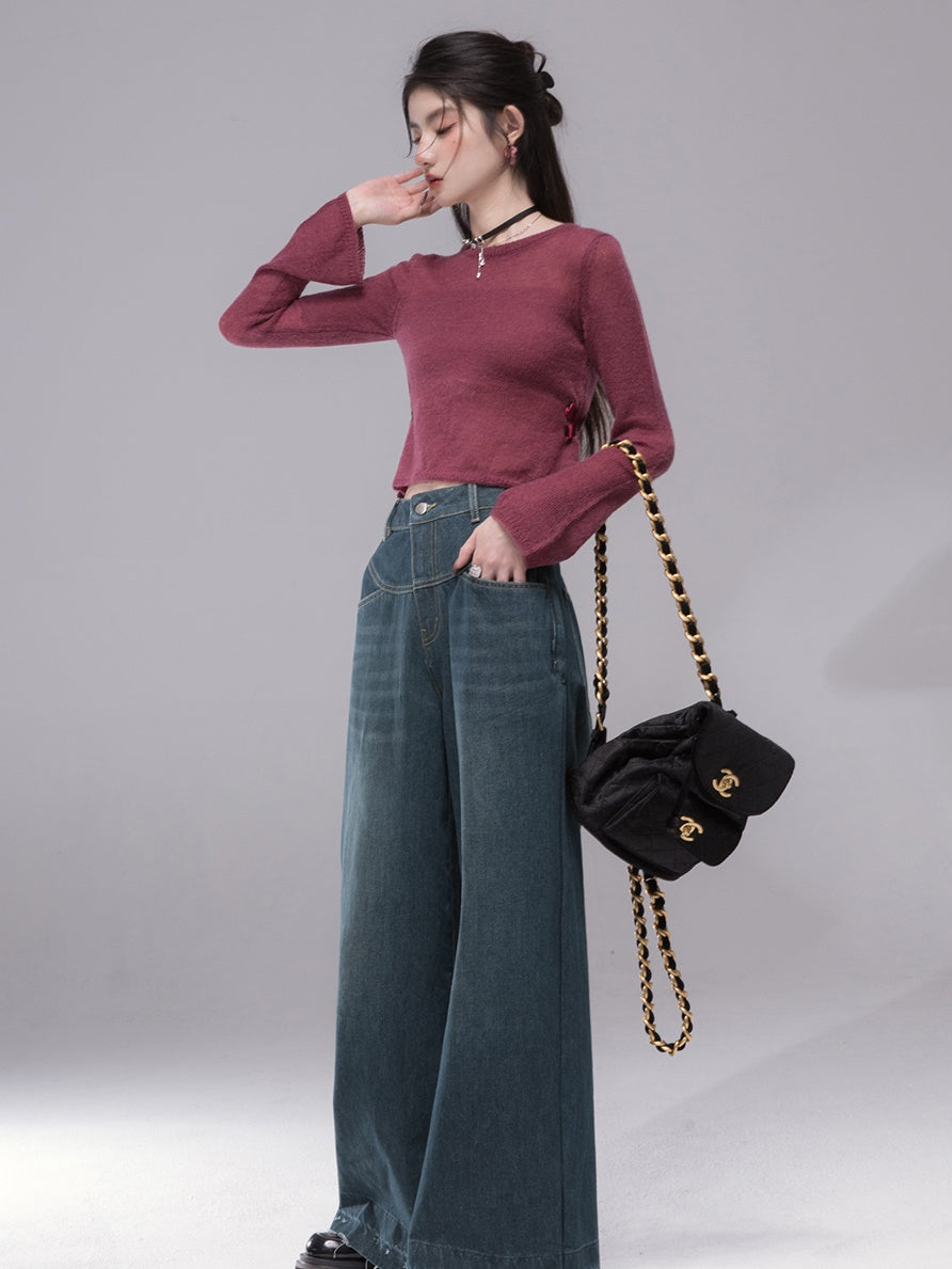 Slit Ribbon Cropped Knit Top