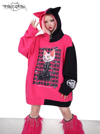 Cat Ear Impact Print Hooded Loose Pullover