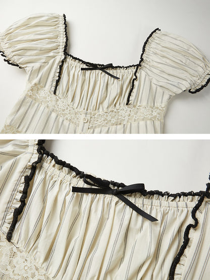 Square Neck Puff Sleeve Bow Lace Splicing Striped One-piece