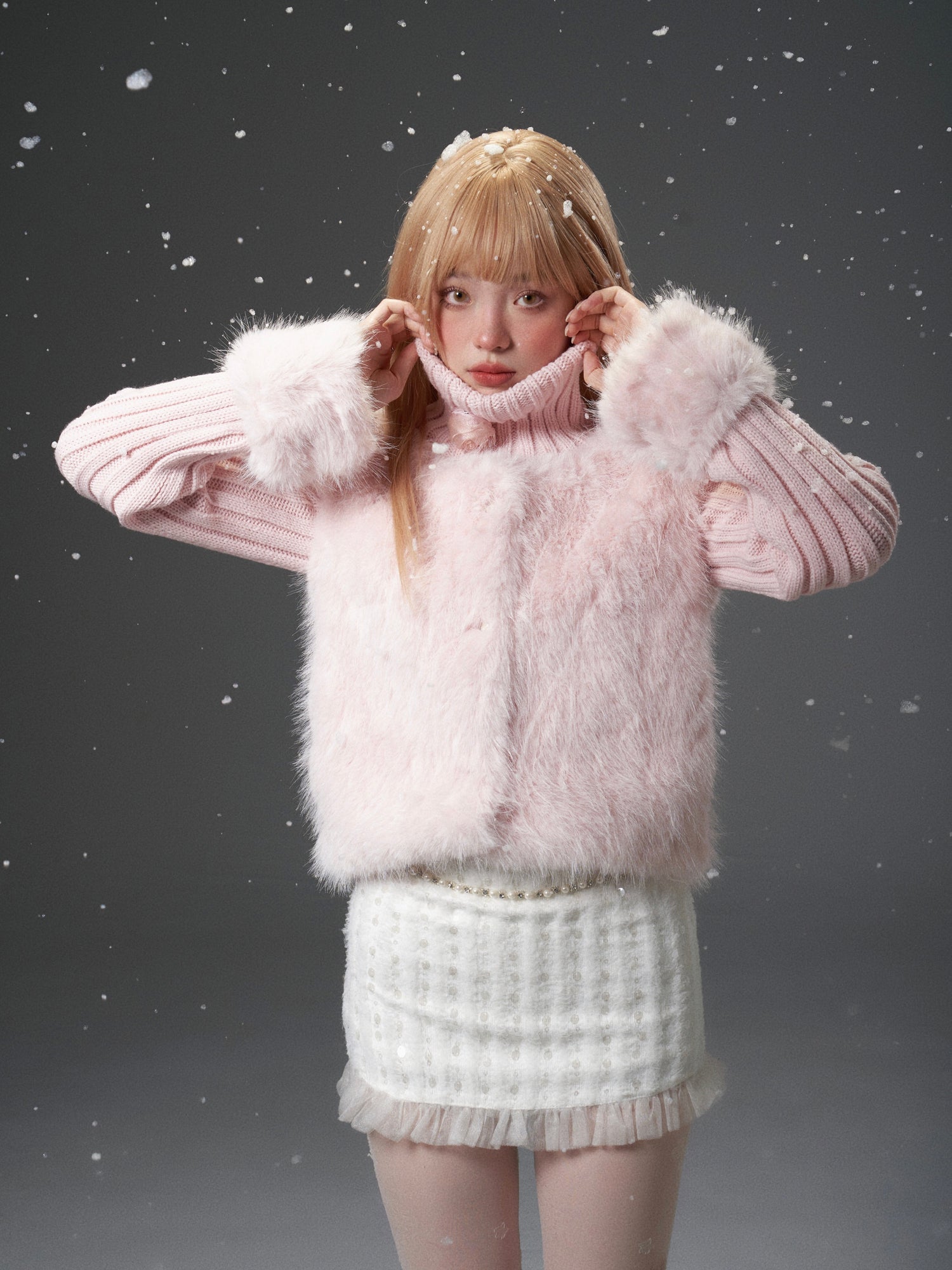 Knitted Neck &amp; Sleeve Splicing Detachable Fur Jacket