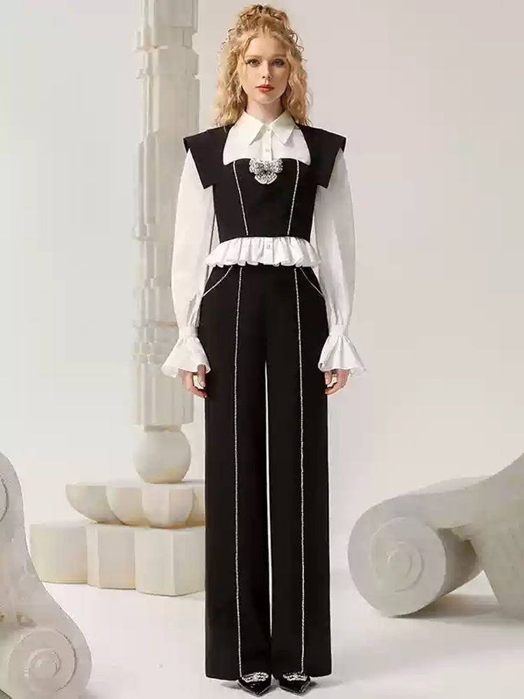 Blouse＆Vest＆Pants Chic Plaets Monotone Long-Sleeve Set-Up