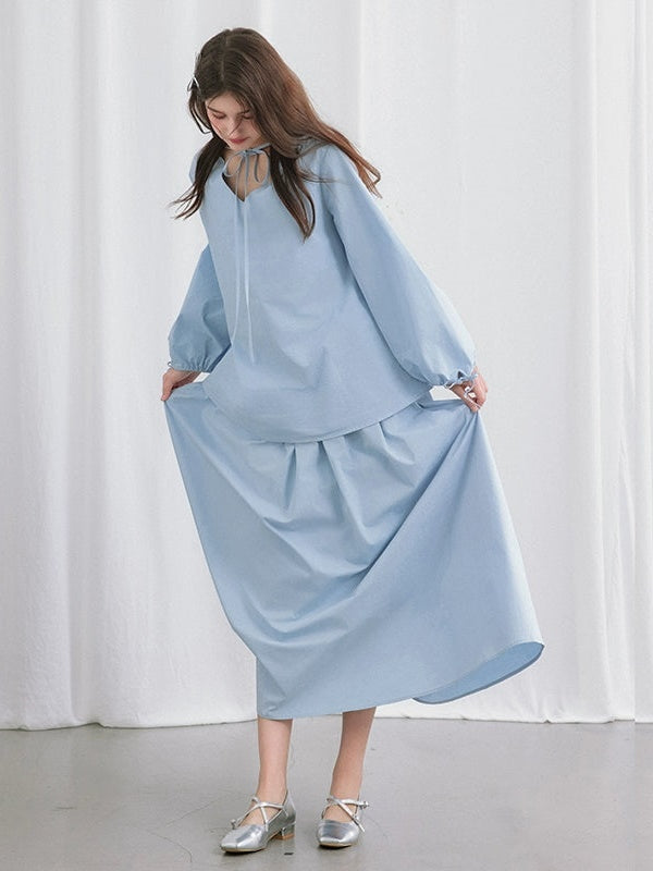 V-neck 2Way Long-sleeve Ribbon Shirtle &amp; Long Skirt