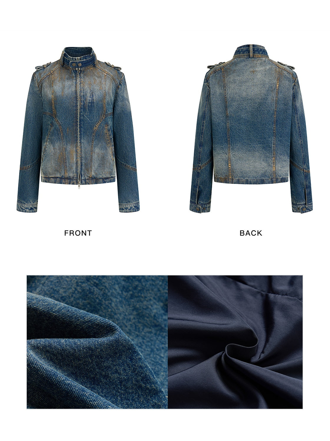 Gold-brushed Slim-fitting Stand-Collar Denim Short Jacket