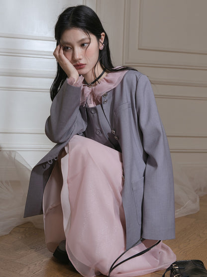 Chinese Style No-Collar Jacket ＆ Vest ＆ Pleated Skirt Set-up