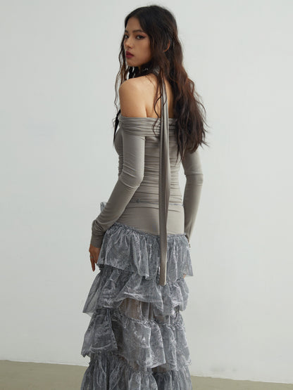 Off-Shoulder Patchwork Metallic Silber Ruffen gekräuseltes Maxikleid