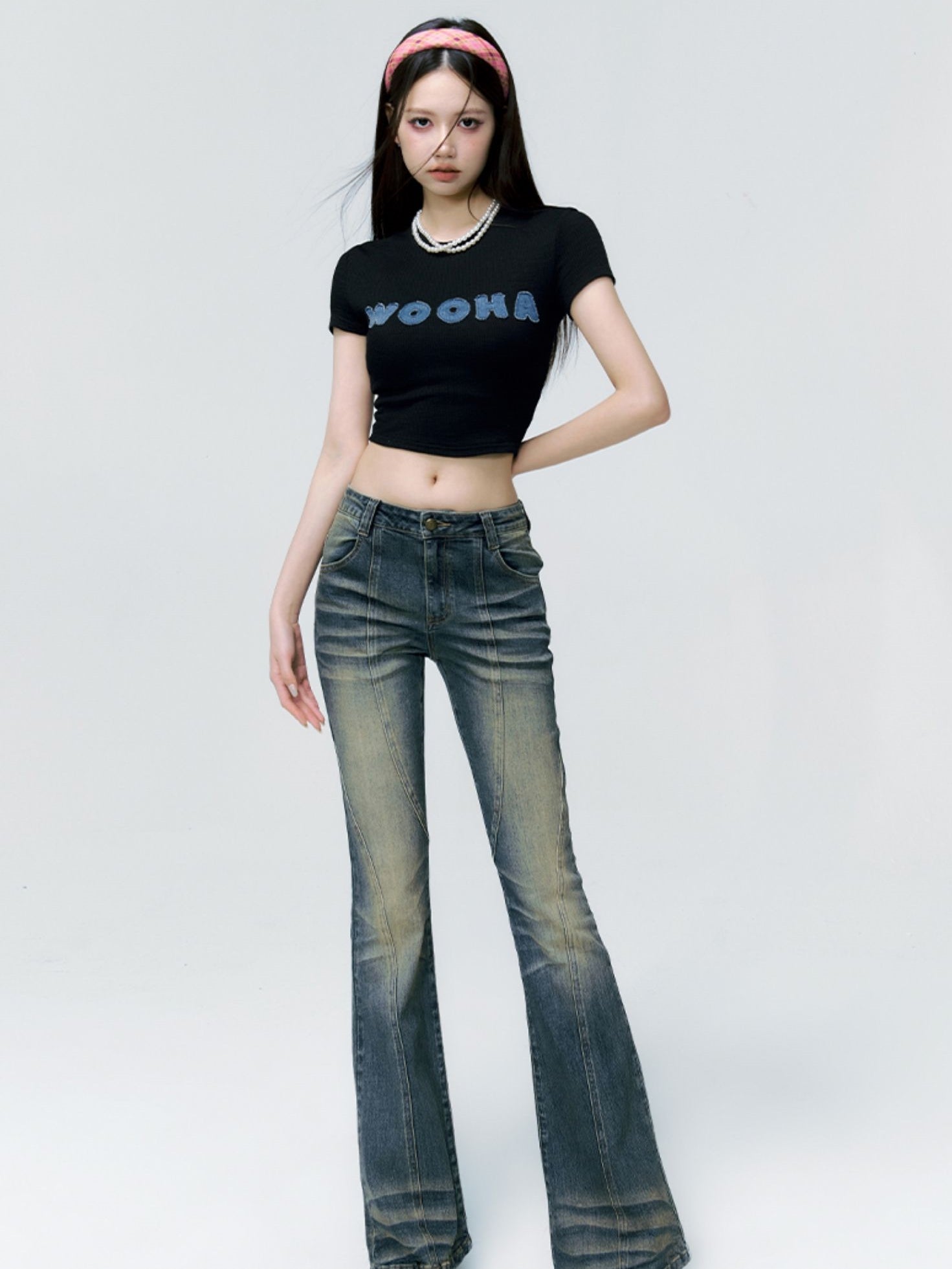 Faded-Denim Retro Vintage Flare-Pants