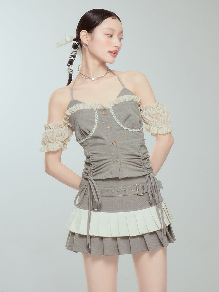 Halter Neck Suspender Top &amp; Short Pleated Cake Skirt