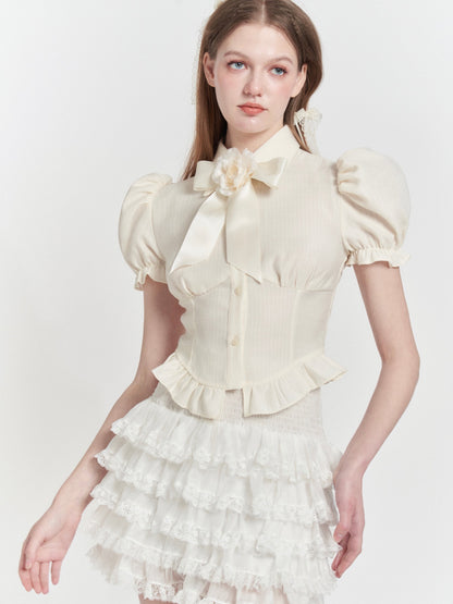 Camellia Ribbon Brooch Ruffle Puff Sleeve Shirt