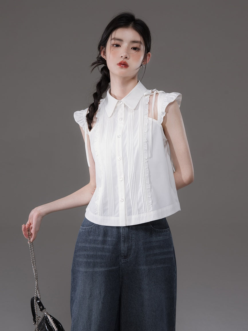 Small Flying Sleeves Hollow Strap Shirt