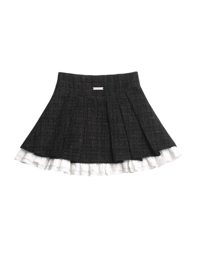 Tweed Stand-Collar Cropped Jacket ＆ Lace Stitch Short Pleated Skirt