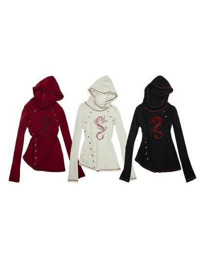 Rhinestone Hooded Slim Stretch T-shirt