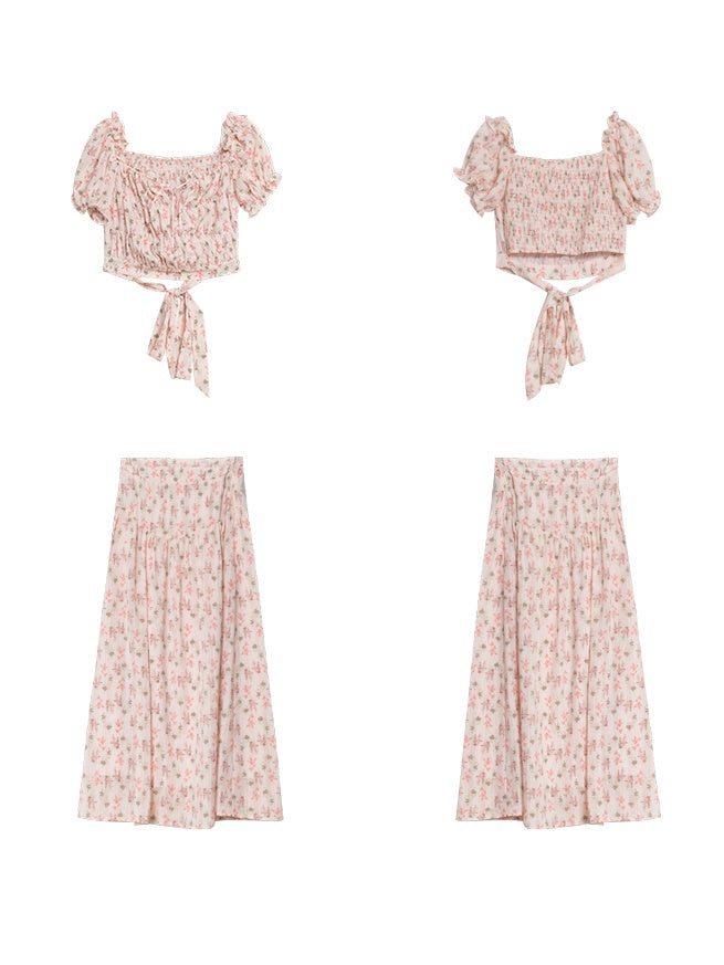 Rose Flower Ripples Pleated Top ＆ Curved Waist Skirt Set-up