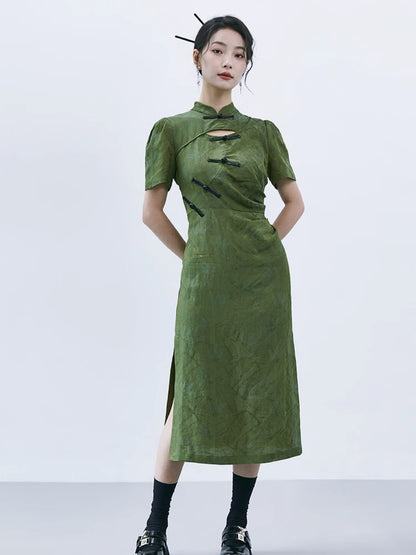 Chinese Style Hollow Bamboo Leaf Short Sleeve Dress