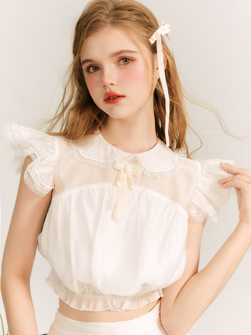 Translucent Flying Sleeve Top &amp; Lace Mini Skirt