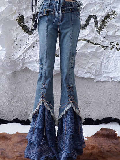 Splicing Lace-Up Flare Jeans