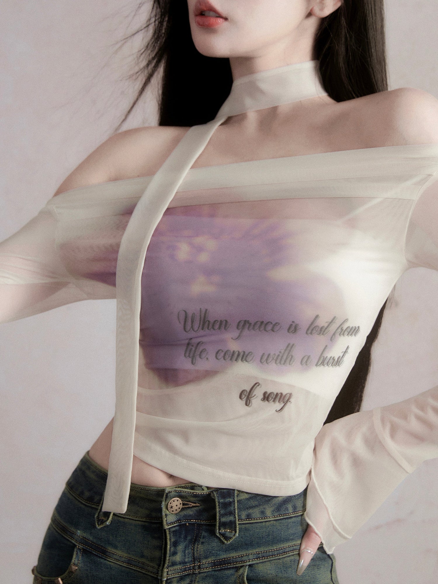 Rose Off Shoulder Mesh T-shirt