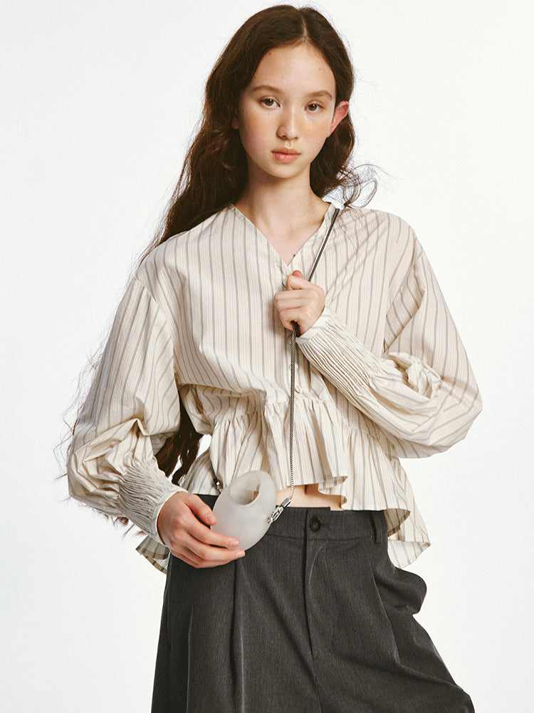 Embroidered Cuffs Striped V-neck Shirt