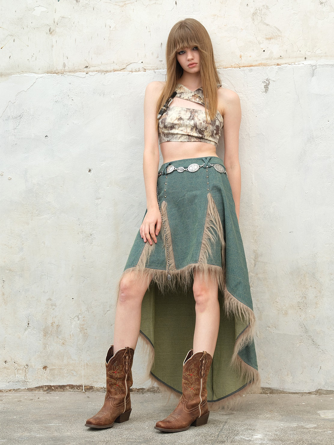 Furry Stitching Denim Fishtail Skirt