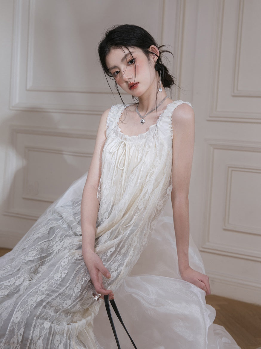 Chiffon Sleeveless Lace Long Dress