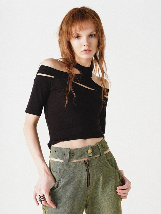 Cutout Shoulder Slim Cropped T-shirt