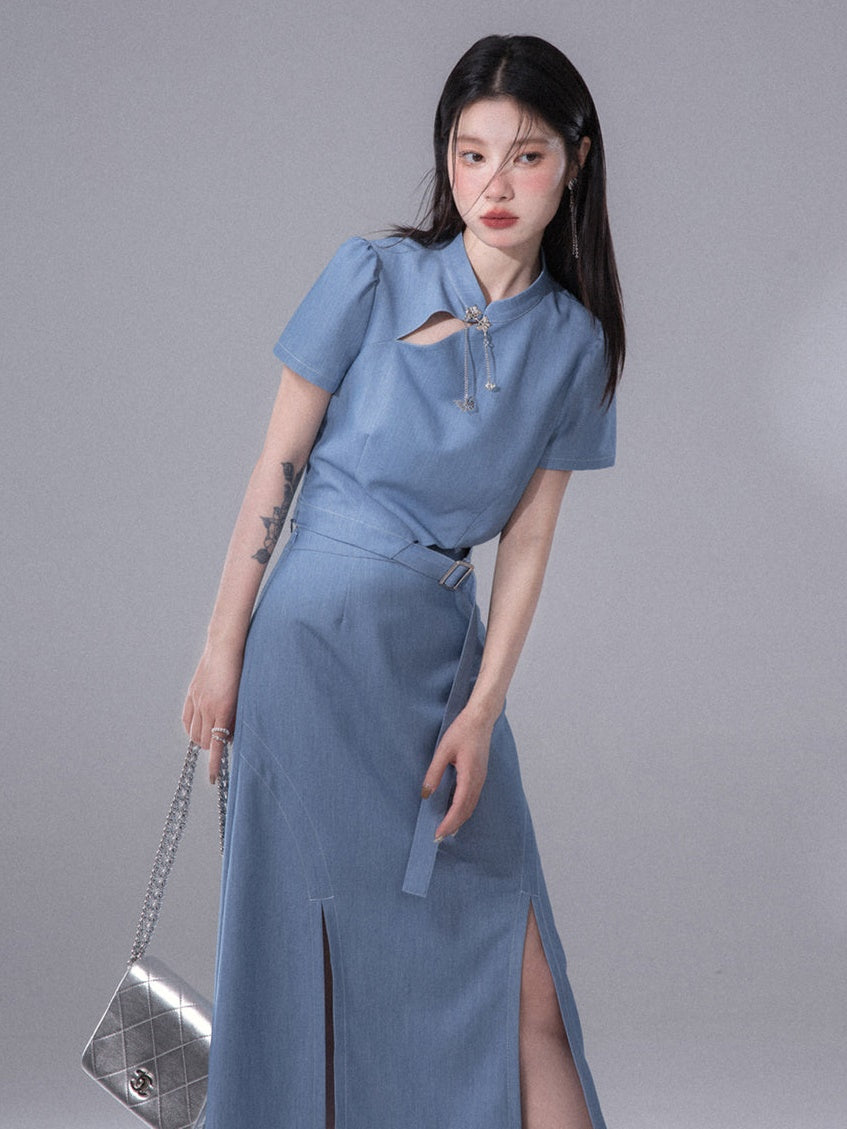 Cut-out Chinese Short Sleeve Top &amp; Slit Skirt Set-up