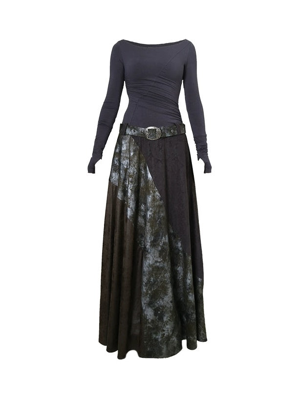 Switching Design Leather Stitch Long Dress With Belt