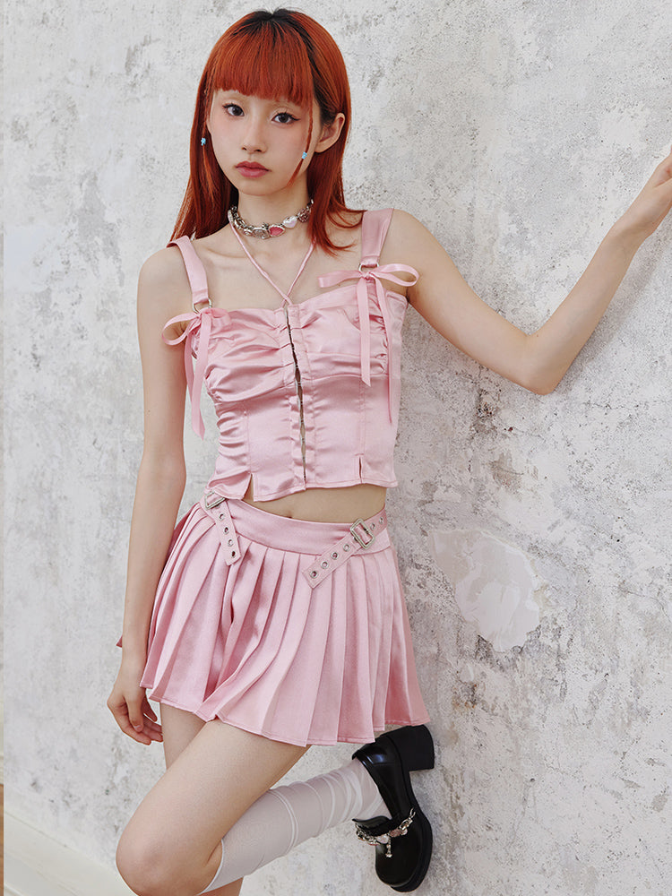 SHINY SUSPENDER TOP &amp; LOW WAIST PLEATED SKIRT