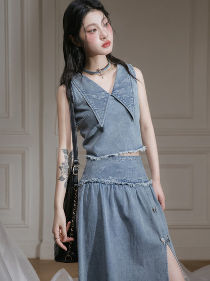 Butterfly Jacquard Denim Sleeveless Top &amp; Skirt Set-up