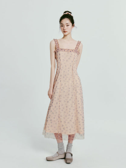 Mesh Double Layer Floral Strap Dress