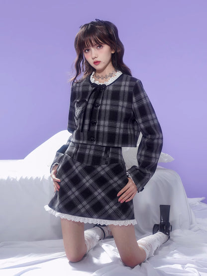 Checkered Lace Stitch No-Collar Jacket ＆ A-Line Skirt