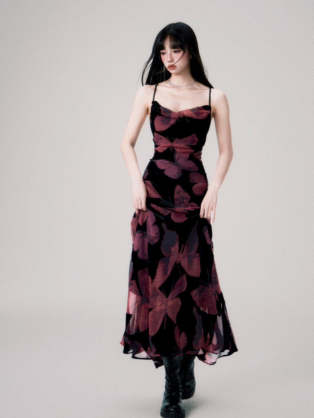 Velvet Butterfly Swing Collar Backless Strap Dress