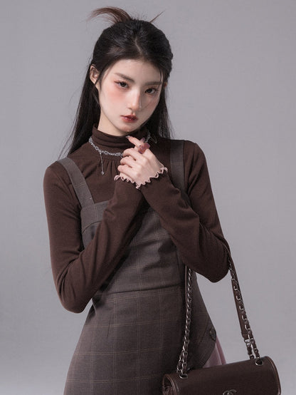 Contrast Color Suspender Dress &amp;  Neckline Shirting Bottom Shirt Set-up