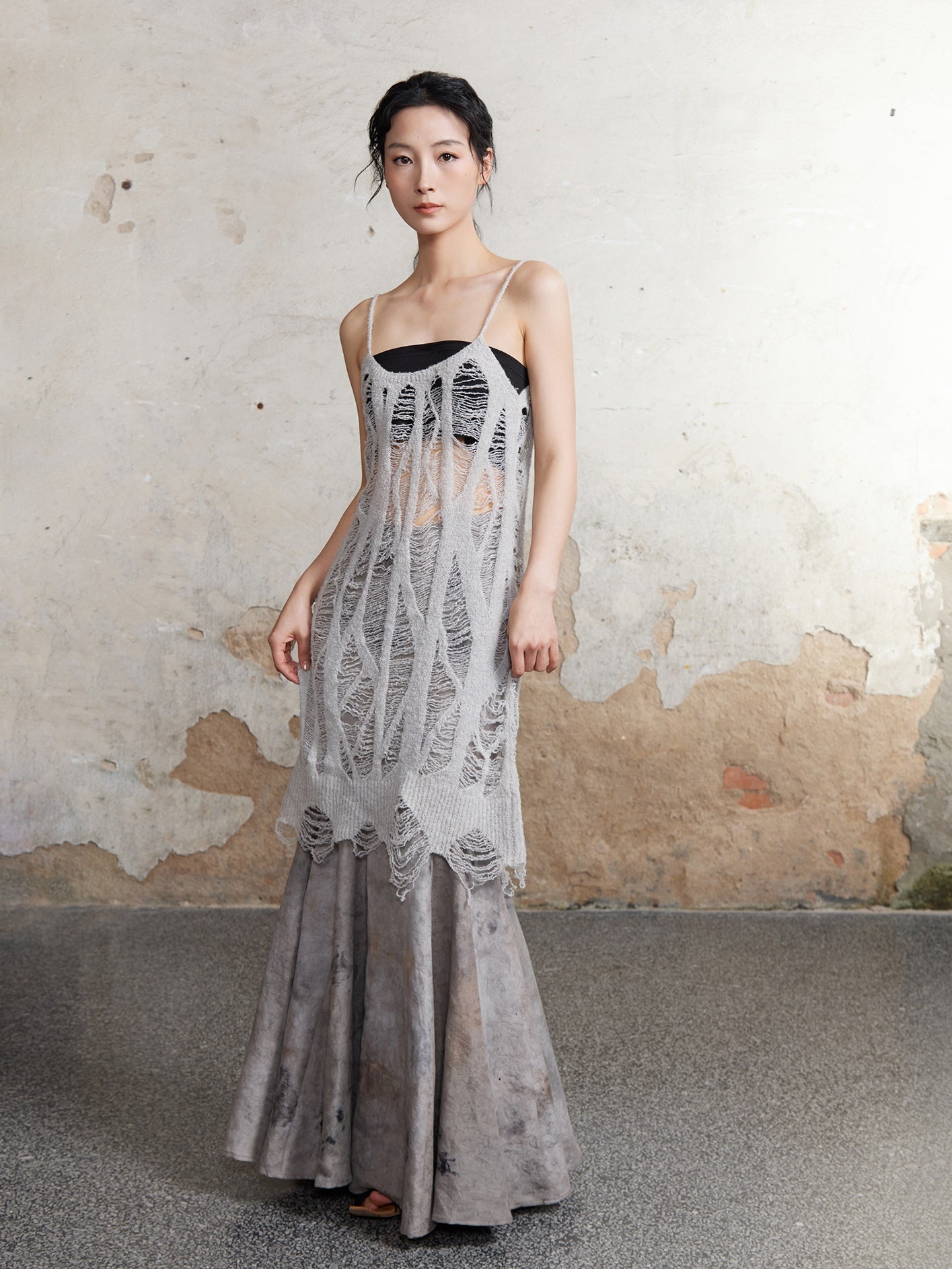 Plant-dyed Mermaid Long Skirt &amp; Hollow Knitted Long Camisole