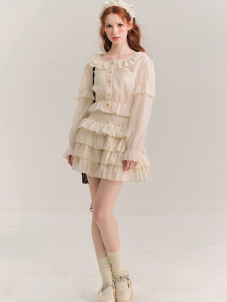 Shimmer Ruffle Collar Shirt &amp; Cake Skirt