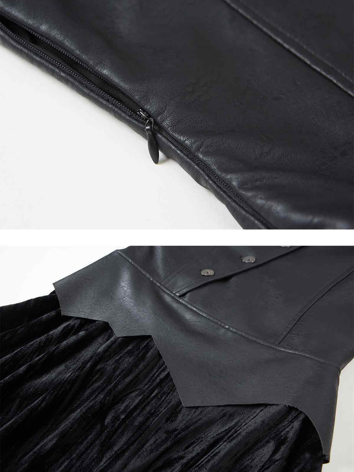 Slim-fit Diagonal Placket Leather Velvet Dress