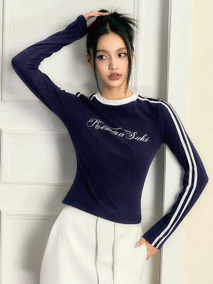 Hit Color Shoulder Line Long-sleeved T-shirt