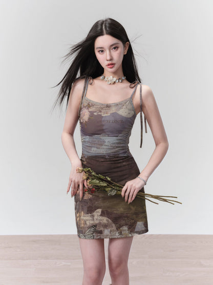 Retro Printed Oil Painting Slip Dress