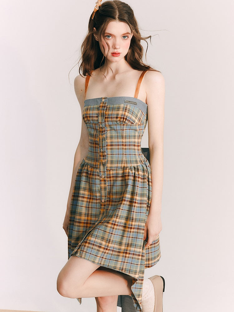 Sonnenblumenplaid -Hosenträger unregelmäßiges Kleid