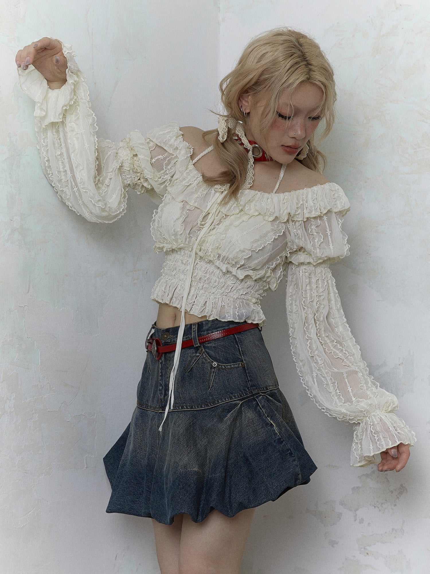 Retro Old Bud Fluffy A-line Denim Skirt