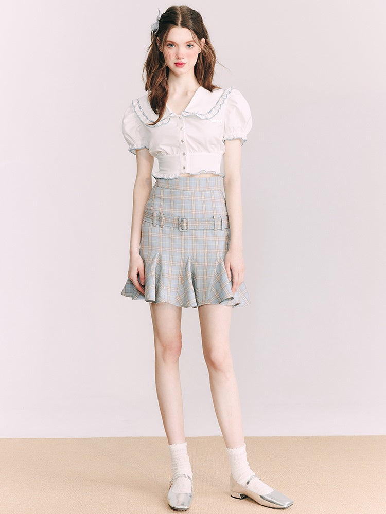 Grid Belt Ruffled High Waist Skirt