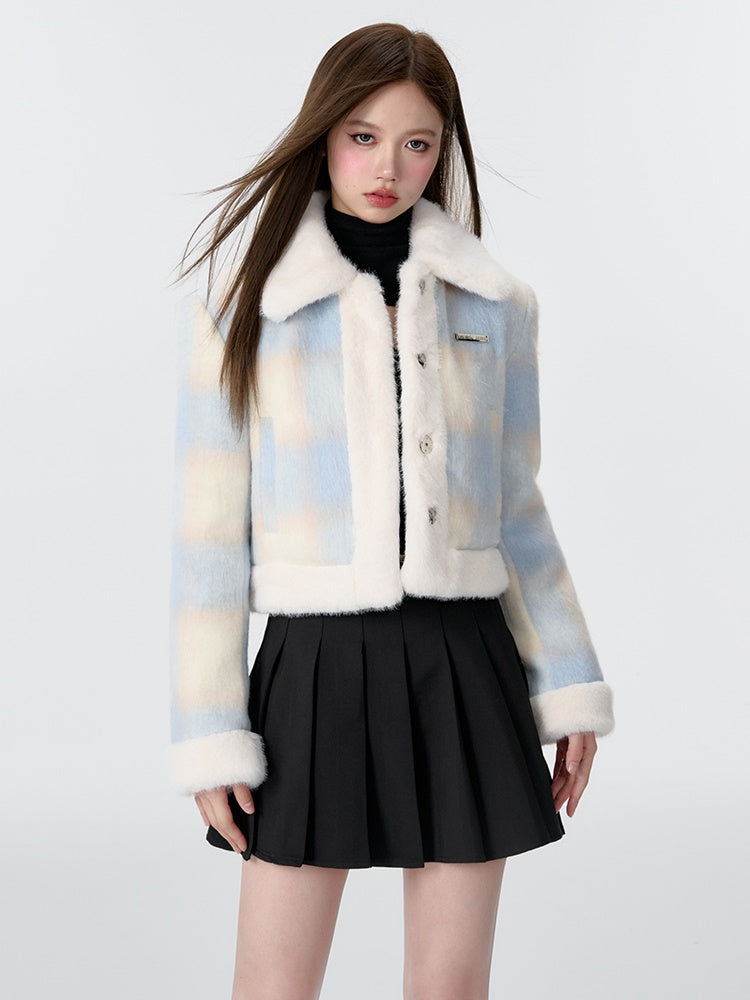 Plush Stitched Plaid College Style Jacket