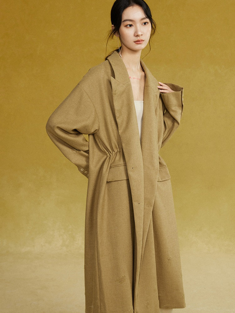 Drawstring Waist Frayed Long Coat