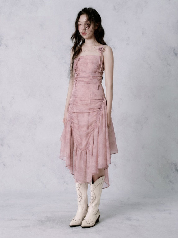 Rose Asymmetrical Wrinkled Suspender Dress